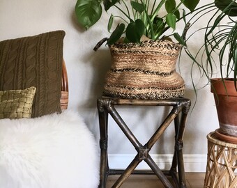 Vintage Dark Bamboo Side Table / Boho Square Rattan Plant Stand / Bentwood Nightstand