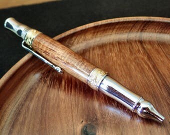 Hand Turned Curly Koa Pen David Broadwell Design Art Nouveau Sceptre Style, Hawaiian Curly Koa 24kt Gold & Chrome Plated Ballpoint Twist Pen