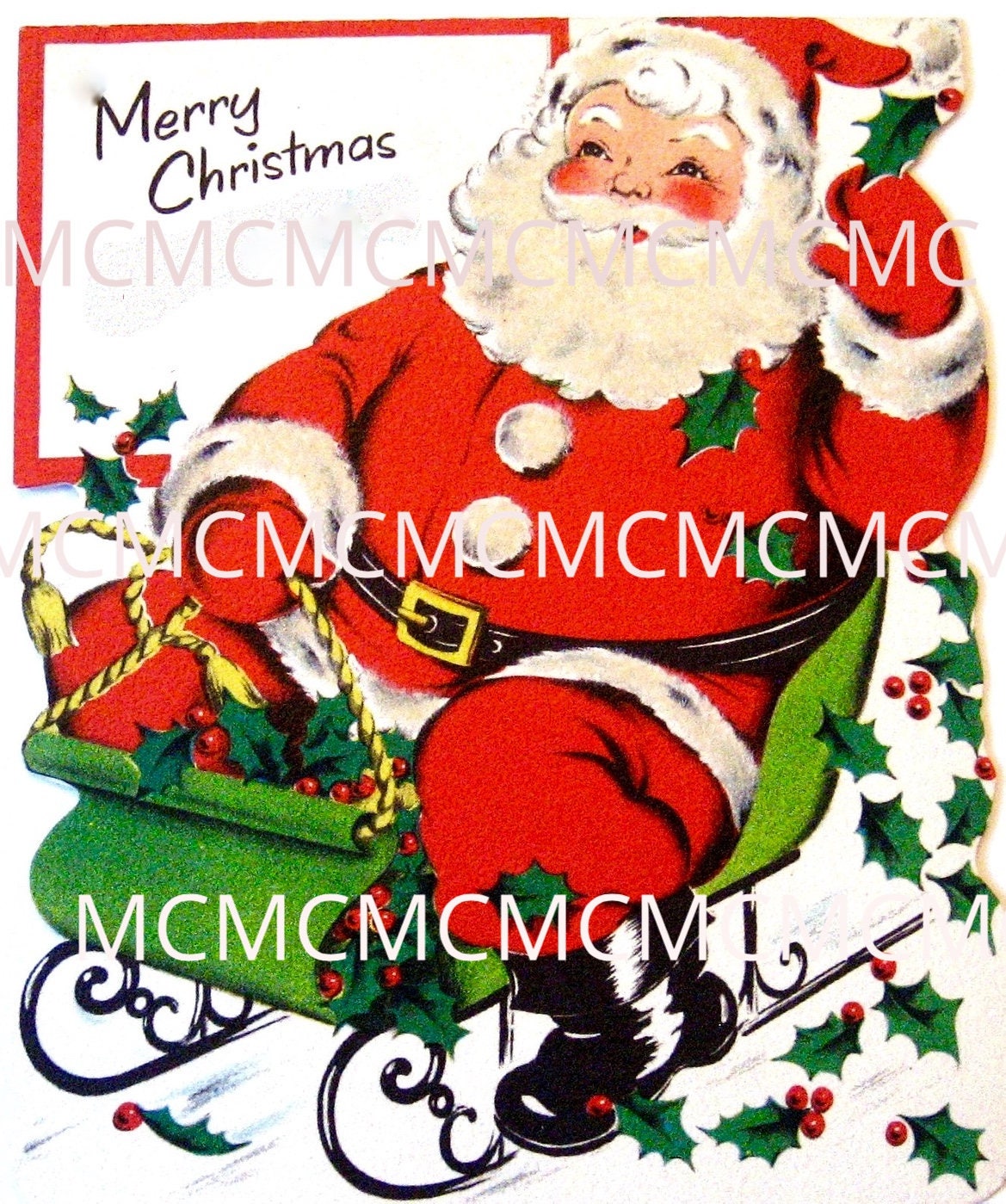 Digital Image Download Vintage Christmas Greeting Card Santa Claus Sleigh Retro Mid Century Mod 1950 s