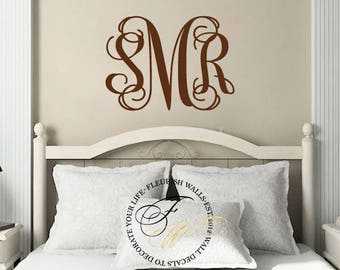 Monogram Wall Decal - Personalized Three Initial Vinyl Wall Decal for Master Bedroom Baby Girl Nursery or Wedding Decor MB001