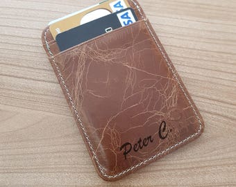 personalized card holder, engraved leather card case, minimalist wallet, pocket wallet, mens card holder