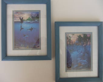 Set of 2 Underwater Fantasy Prints by David Miller Double Matted in Blue Frames