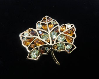 Stunning Nolan Miller leaf brooch=beautiful amber topaz crystal pin=maple leaf pin=crystal leaf brooch=gold and crystal Nolan Miller pin