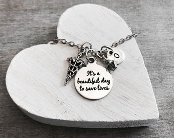 Its a beautiful day to save lives, Silver Necklace, RN,CNA, BSN, Lpn, Nurse Graduation, Nurse Gift, Medical Charm,Caduceus, Silver Charm