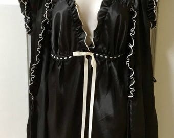 black satin Ora Feder nightgown robe peignoir set / hand embroidery / 1970s vintage