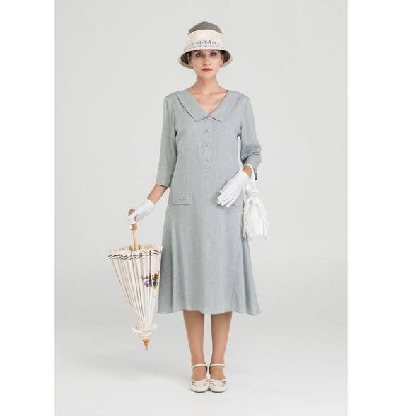 Grey 20s linen tea dress with small puritan collar and 3/4