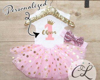 First Birthday Tutu Outfit / Baby Girl Clothes Princess 1 Year Old Outfit One Birthday Set 1st Birthday Girl Baby Tutu Bow Crown Set 067