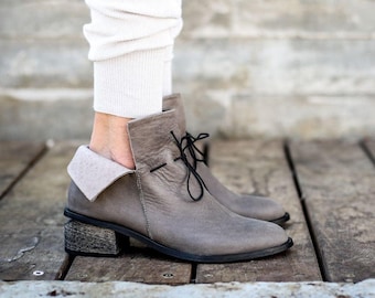 Leather Boots, Grey Boots, Handmade Boots, Ankle Boots, Grey Booties, Heeled Boots, Lace Boots, Slouch Boots, Leather Shoes, Lucia