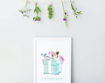 Tiffany & Co Blue Box. Fashion Print. Fashion illustration. Watercolor artwork. Fashion Illustration. Modern Home Décor.