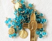 Rosary - Aqua Chinese Crystal - Eucharist Cross, Saint Mary Magdalene & Saintes Maries - 18K Gold Vermeil