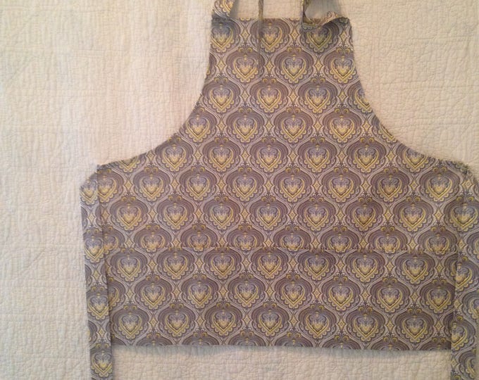 Tween Grey and Yellow Damask Apron with Large Pockets. Teen Pre-Teen Apron. Classic French Damask Apron fits Ages 8-12