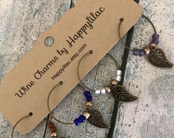 Leaf Wine Charms, Bronze Wine Charms, Beaded Wine Charms, Cocktail Glass Charms, Wine Accessory, Wine Glass ID, Wine, Tuscan Decor, Rustic