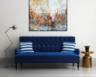 Original Large Abstract Painting, Colorful Orange Blue Green Wall Art Large Painting On Canvas, Living Room Art, Mantel Decor, Christovart