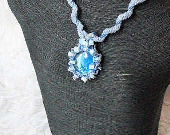 river necklace blue jewelry beaded necklace glass jewelry moonstone necklace OOAK necklace grandma gifts mother stone jewelry spiral BJ17