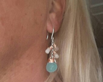Sterling Silver earrings with aqua blue chalcedony and Moonstone drop