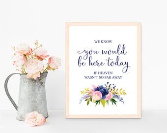 We know you would be here today if heaven wasn't so far away, Printable sign, In loving memory sign, Navy blue pink wedding remembrance sign