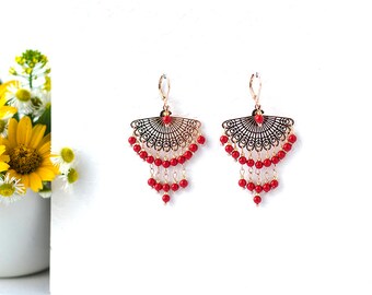 Womens Gift|for|Womens Earrings Bridesmaid Earrings Dangle Earrings Statement Earrings Red Jewelry Red Earrings Rose Gold Earrings|for|Woman