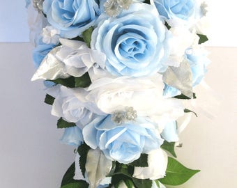 21 Piece Package Wedding Bouquet Bridal Bouquets Silk Flower Cascade Light BLUE SILVER WHITE Winter 21 Piece Package Wedding Bouquet Bridal Bouquets Silk Flower Cascade Light BLUE SILVER WHITE Winter