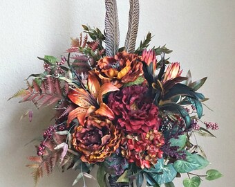 Fall Orange Rust Tuscan Wrought Iron Candlestick Centerpiece Floral Arrangement