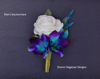 Purple/aqua/turquoise/blue, bom/galaxy, orchid, buttonhole/boutonniere, dendrobium, silk/artificial, prom/wedding, Groom, Groomsmen, Bestman