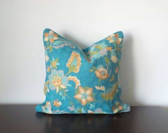 Decorative Pillows, 100% Wool, Cyan Color Pillow, Floral Pillow, Crewel Embroidered Pillow, Available in 1 Size - 20" x 20" - READY TO SHIP