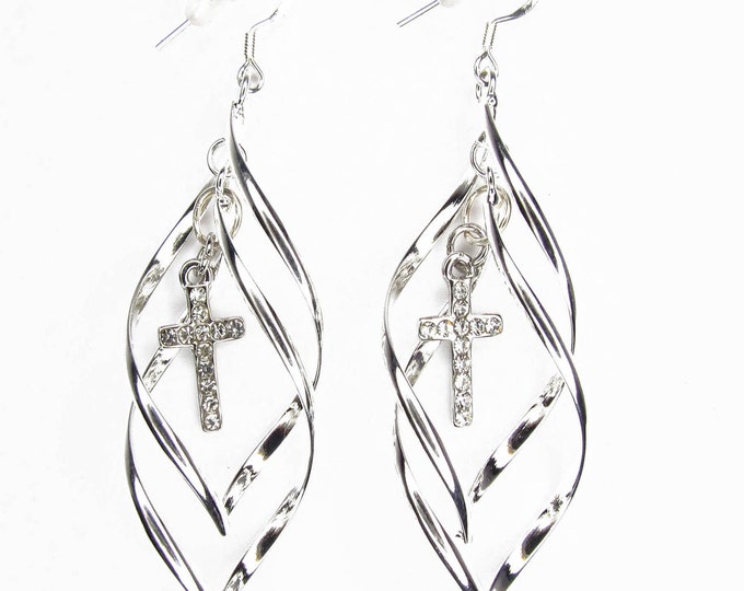 Double Twist Classic Dangle Rhinestone Cross Earrings Silver or Gold - Saint Michaels Jewelry