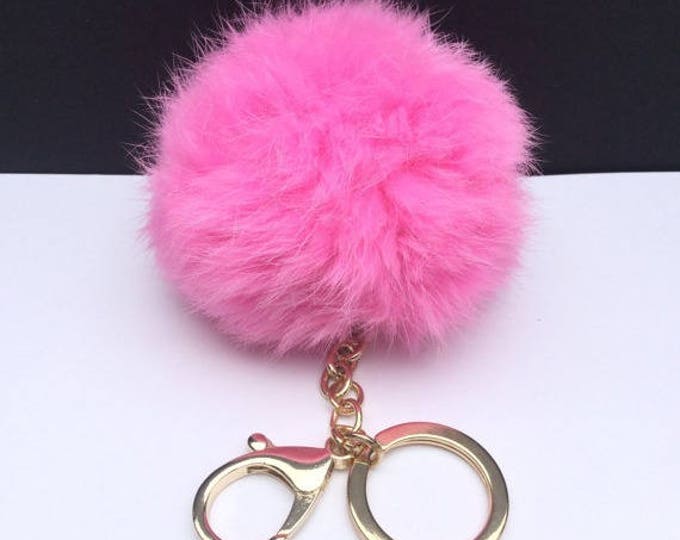 DIY Customized Pink Real Genuine Rabbit fur pom pom keychain puff ball charm keyring