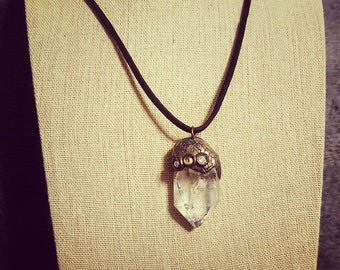 Triple A Quartz Crystal Necklace w/pewter colored polymer and 3 swarovski crystal accents