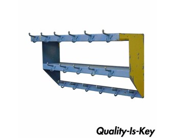 Vintage Industrial Painted Steel 17 Coat Hat Rack Hooks Wall Hanging Shelf Steampunk