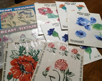 Vintage lot of textile iron on transfers,appliqués, and decals 1940-1950