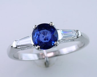 Art Deco 1.35ct Sapphire & Diamond Platinum Vintage Antique Engagement Ring