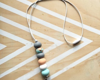 Polymer clay bead beaded lanyard, long keychain keyring. Mint, grey, peach, copper. 'The piper'
