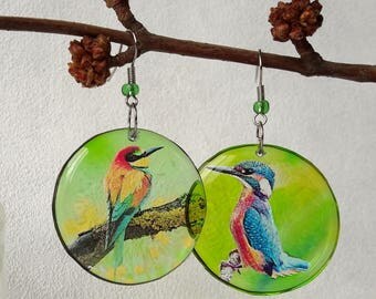 Bird jewelry Green earrings Transparent Large earrings long jewelry for her earrings Round bright Bird summer gift animal birds nature lover