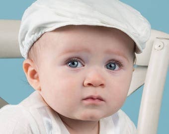 Ivory Linen Newsboy Cap, Boys Christening Hat