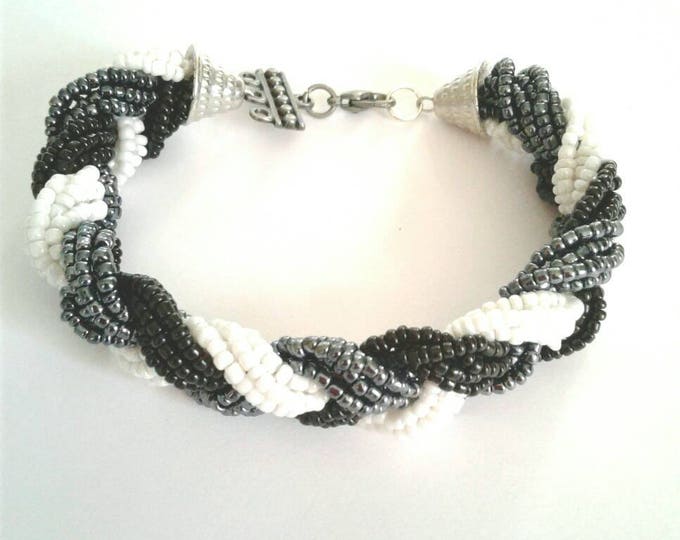 Glass Seed Bead Cluster Bracelet, Multi Beaded Bracelet, Black, White, Grey Bead, Statement Piece, Gift For Her, BeadWork, Classic Style,Fun