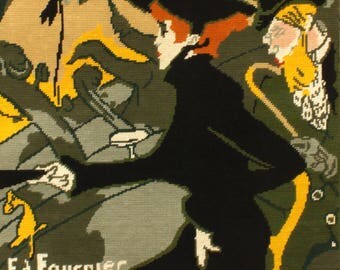 Fabulous Vintage French Completed Needlepoint Tapestry Art Nouveau. Jane Avril, Moulin Rouge, Toulouse Lautrec, Divan japonais (6648s)