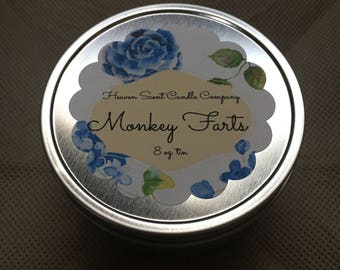 Monkey Farts hand-poured soy wax candle in 8oz tin