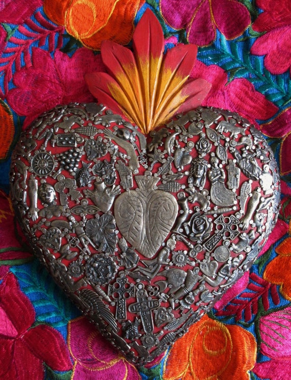 Mexican Milagros Heart // Red Sacred Heart with Charms