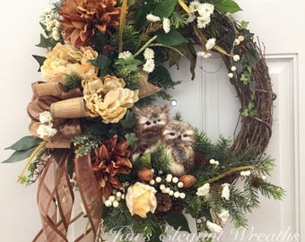 Fall Wreath. Owl Wreath. Winter Wreath. Wreath with Birds. Woodsy Wreath. Winter Wreath with Owls.
