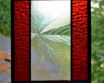 Leaded stained glass panel, red, white, blue and clear 10 x 7