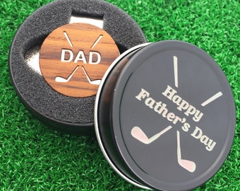 Fathers Day "DAD" Teak Wood golf ball marker hat clip with OPTIONAL tin