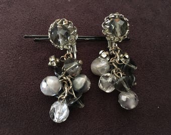 Vintage Grey, Clear and Black Glass Beaded Cha Cha Earrings 1297