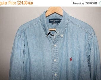 SALE 90s Ralph Lauren Chambray Shirt XL Soft Cotton 50 Chest Grunge Button Down Faded