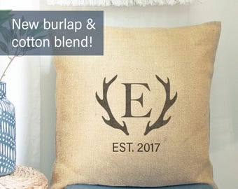 Deer Antler PILLOW COVER | Farmhouse Pillow Covers | Personalized Wedding Gift for Couple Monogrammed Pillow Deer Antler Bridal Shower Gift
