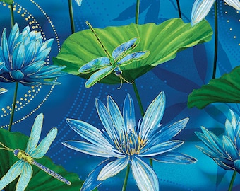 Dance of the Dragonfly, Turquoise Floral and Dragonfly Fabric, Lily Pads Fabric, WaterLily Pool UltraMarine, by Kanvas Studio, 8499-84