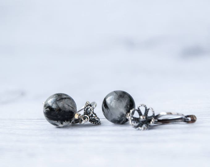 Black and white earrings, Tourmalated quartz jewelry, Asymmetrical earrings, Dark gray stones, Lever back closure