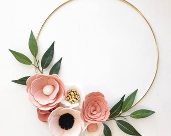 FELT FLOWER WREATH // Modern Wreath // Gold Hoop Wreath // Wall Art // Floral Wreath // Peach + Blush // Roses + Anemones