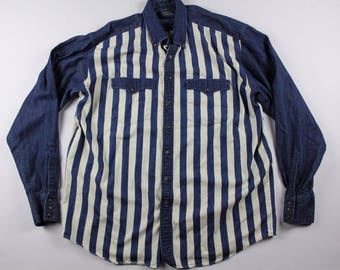90s Long Sleeve Casual Denim Jean Button Shirt Mens XL Tall Striped, Vintage Western Denim Shirt, Vintage Denim Shirt, Denim Jean Shirt Blue