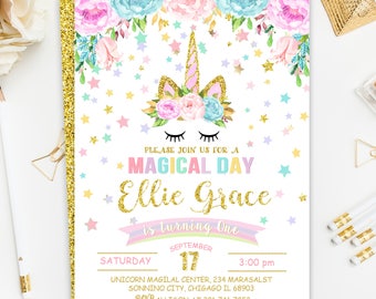 Unicorn Invitation, Unicorn Birthday Invitation, Rainbow Unicorn Magical Birthday Invitation, Unicorn Birthday Party, Floral Invitation
