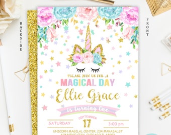 Unicorn Invitation, Unicorn Birthday Invitation, Rainbow Unicorn Magical Birthday Invitation, Unicorn Birthday Party, Floral Invitation